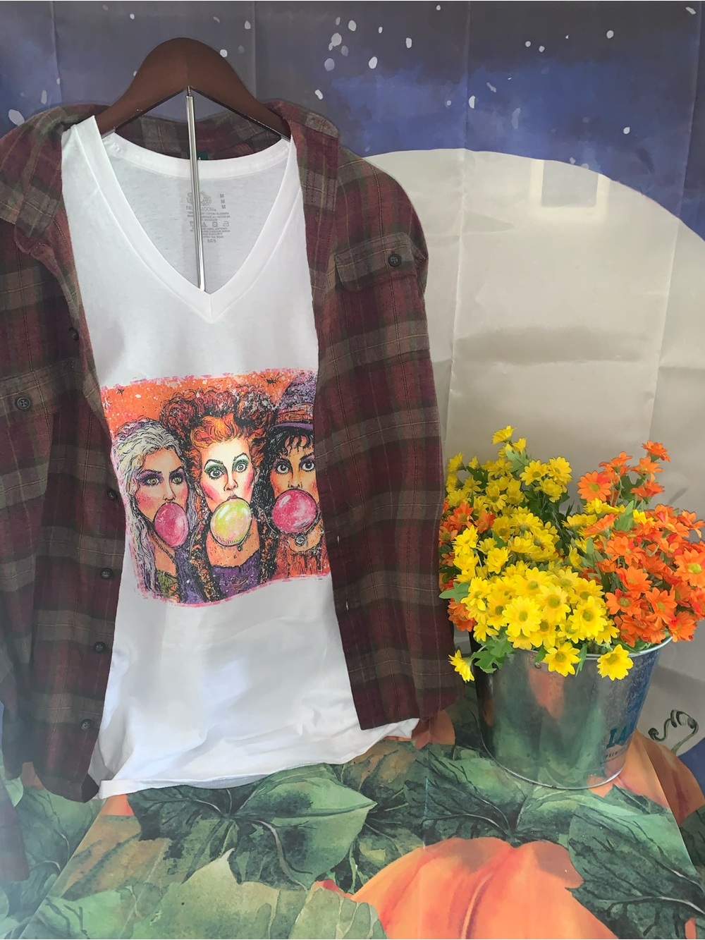 White V-Neck Graphic Tee with Bubblegum Art - Unbranded